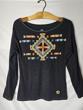 ​Double D Ranch Top M Womens Black Cotton Southwestern Embroidered Long Sleeve